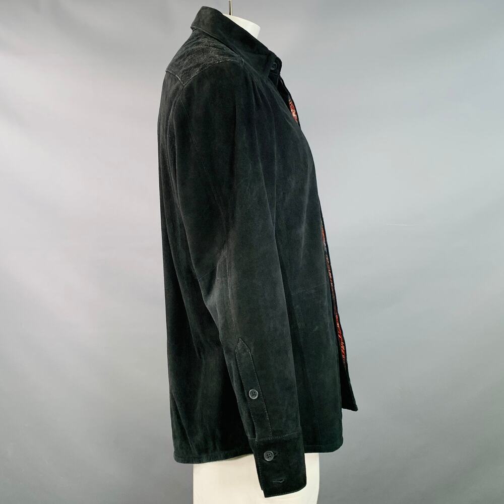 ROBERT GRAHAM Size L Black Embroidery Suede Contrast Trim Long Sleeve Shirt - Picture 3 of 8